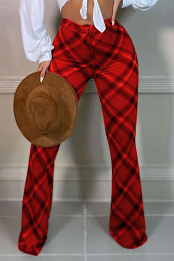 Red Casual Plaid Print Patchwork Straight High Waist Straight Full Print Bottoms