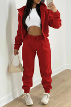 Red Fashion Casual Solid Cardigan Pants Hooded Collar Long Sleeve Two Pieces