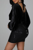 Black Sexy Solid Bandage Sequins Patchwork V Neck One Step Skirt Dresses