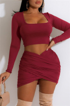Burgundy Fashion Sexy Solid Asymmetrical Square Collar Long Sleeve Two Pieces