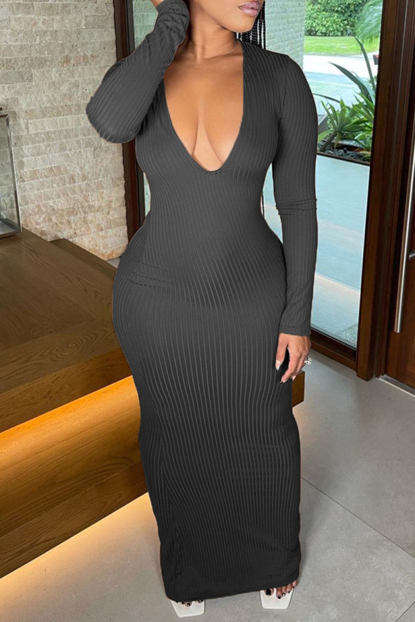 Black Sexy Casual Solid Knotted V Neck Long Sleeve Dresses