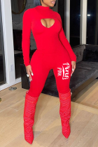 Red Sexy Print Hollowed Out Half A Turtleneck Skinny Jumpsuits