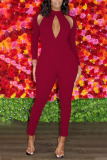 Red Sexy Solid Hollowed Out Patchwork O Neck Regular Jumpsuits