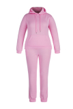 Pink Fashion Casual Solid Basic Hooded Collar Plus Size Two Pieces