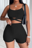 Black Fashion Sportswear Solid Patchwork Backless Spaghetti Strap Sleeveless Two Pieces