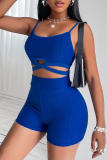 Royal Blue Fashion Sportswear Solid Patchwork Backless Spaghetti Strap Sleeveless Two Pieces