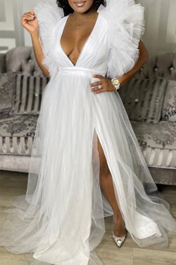 Sexy Formal Solid Patchwork Slit V Neck Evening Dress Dresses