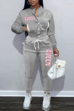 Grey Casual Street Print Patchwork Pocket Buckle Long Sleeve Two Pieces