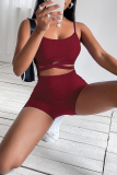 Burgundy Fashion Sportswear Solid Patchwork Backless Spaghetti Strap Sleeveless Two Pieces