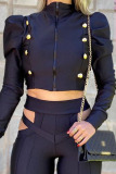 Black Sexy Solid Hollowed Out Patchwork Buttons Zipper Turtleneck Long Sleeve Two Pieces