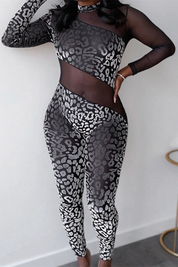 Black Fashion Sexy Print Split Joint See-through Half A Turtleneck Skinny Jumpsuits