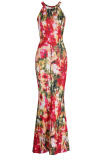 Colour Sexy Print Hollowed Out Patchwork Halter Straight Dresses