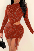 Red Sexy Patchwork Hollowed Out Half A Turtleneck Pencil Skirt Dresses