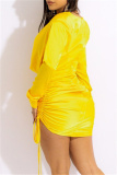 Yellow Sexy Casual Solid Bandage V Neck Long Sleeve Dresses