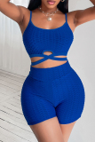 Royal Blue Fashion Sportswear Solid Patchwork Backless Spaghetti Strap Sleeveless Two Pieces