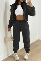 Black Fashion Casual Solid Cardigan Pants Hooded Collar Long Sleeve Two Pieces