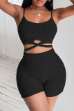Black Fashion Sportswear Solid Patchwork Backless Spaghetti Strap Sleeveless Two Pieces