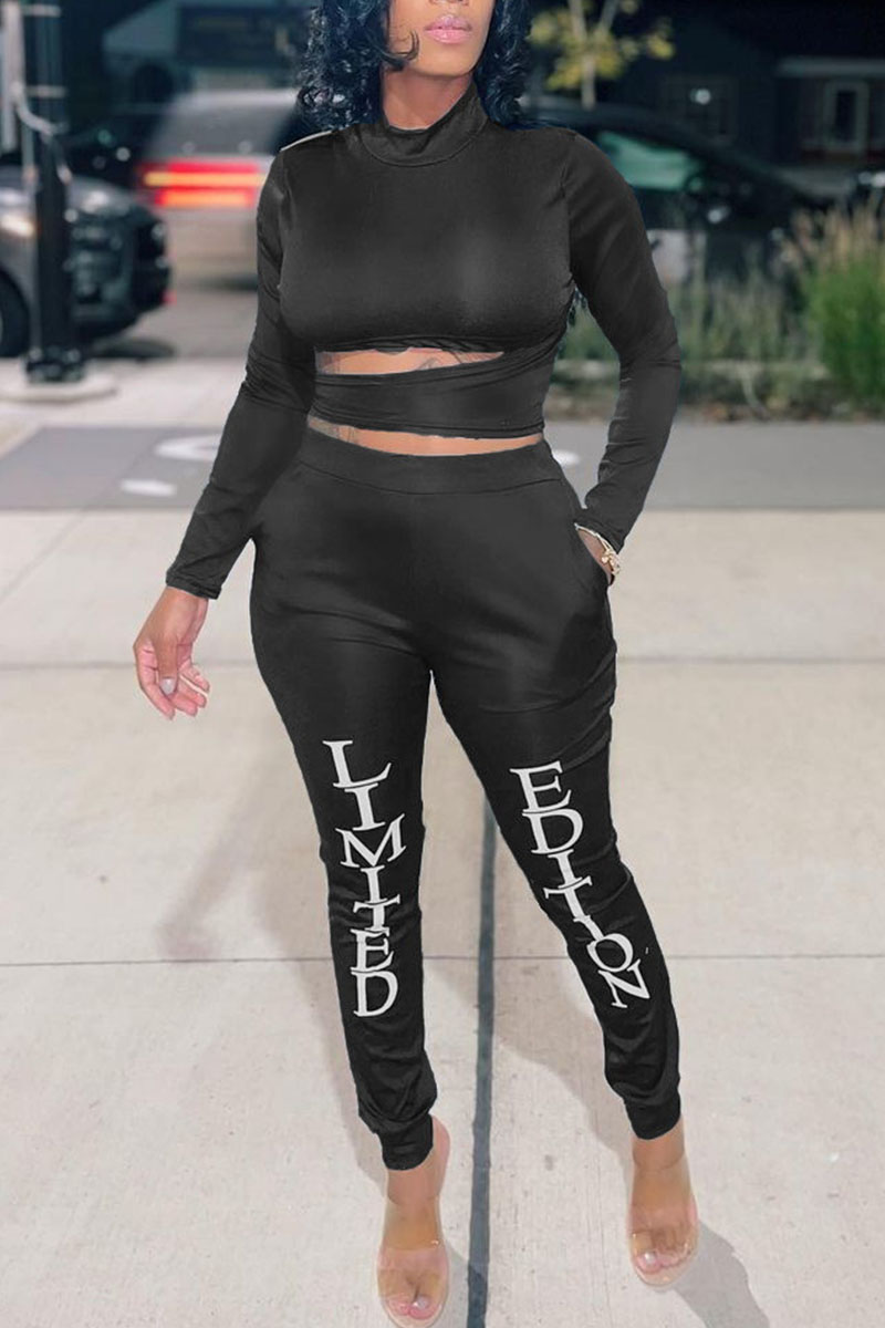 

Black Sexy Print Hollowed Out Split Joint Half A Turtleneck Long Sleeve Two Pieces