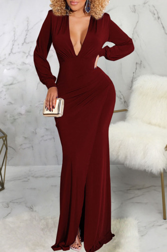 Burgundy Sexy Solid Patchwork Slit V Neck Dresses
