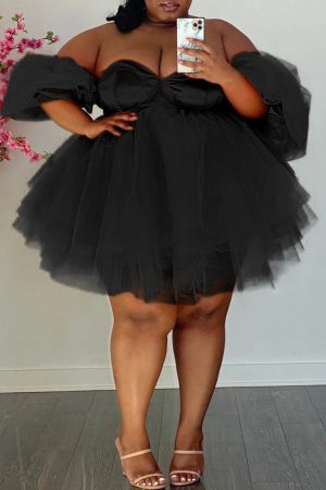 Black Fashion Sexy Solid Split Joint Backless Off the Shoulder Mesh Dress Plus Size Dresses
