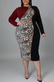 Blue Casual Print Leopard Patchwork O Neck One Step Skirt Plus Size Dresses