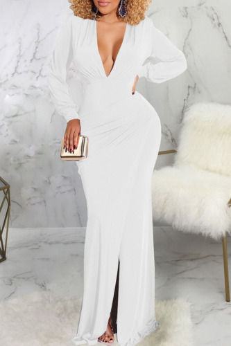 White Sexy Solid Patchwork Slit V Neck Dresses