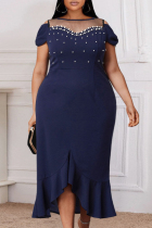 Tibetan Blue Fashion Plus Size Patchwork Hollowed Out See-through Beading O Neck Evening Dress