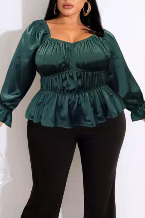 Green Casual Solid Patchwork Flounce Fold U Neck Plus Size Tops