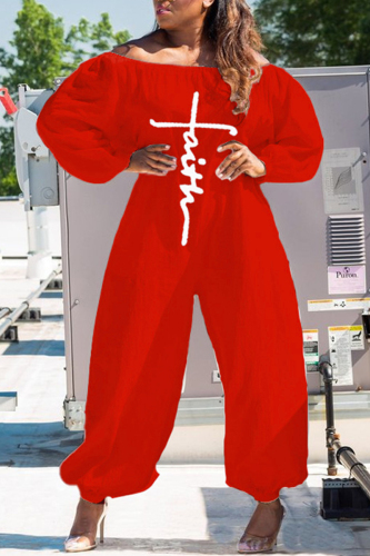 Red Fashion Casual Print Basic Off the Shoulder Regular Jumpsuits