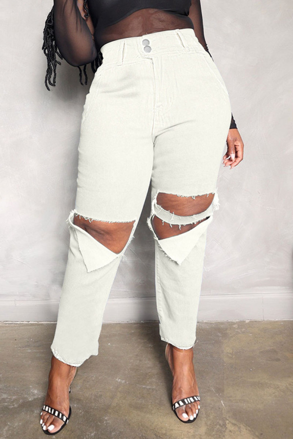 White Street Solid Ripped Split Joint High Waist Straight Denim Jeans