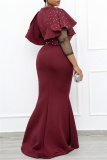 Burgundy Fashion Patchwork Flounce Beading O Neck A Line Plus Size Dresses (With Belt)