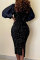 Black Fashion Sexy Patchwork Sequins Slit Square Collar Long Sleeve Dresses