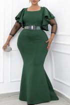 Green Fashion Patchwork Flounce Beading O Neck A Line Plus Size Dresses (With Belt)