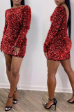 Red Sexy Solid Sequins O Neck Pencil Skirt Dresses