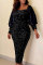 Black Fashion Sexy Patchwork Sequins Slit Square Collar Long Sleeve Dresses
