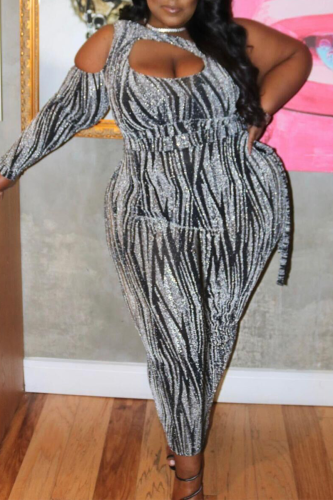 White Sexy Print Hollowed Out One Shoulder Plus Size Jumpsuits