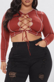 Black Sexy Casual Solid Bandage Hollowed Out O Neck Plus Size Tops