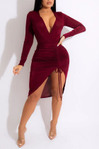 Burgundy Sexy Solid Patchwork Draw String Fold V Neck Irregular Dress Dresses