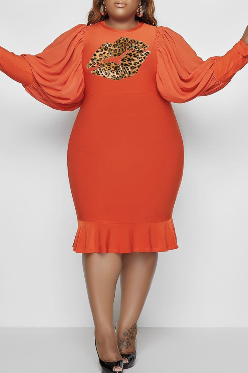 

Orange Fashion Casual Lips Printed Split Joint O Neck Long Sleeve Plus Size Dresses