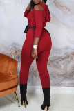 Red Fashion Casual Solid Hollowed Out V Neck Regular Jumpsuits
