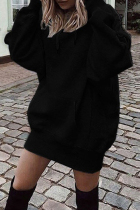 Black Fashion Casual Solid Patchwork Hooded Collar Long Sleeve Dresses