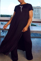 Black Fashion Casual Print Slit O Neck Short Sleeve Two Pieces