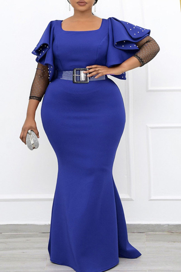 Blue Fashion Patchwork Flounce Beading O Neck A Line Plus Size Dresses (With Belt)