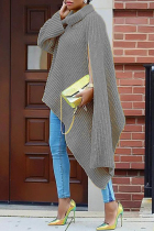 Grey Fashion Casual Solid Slit Turtleneck Tops