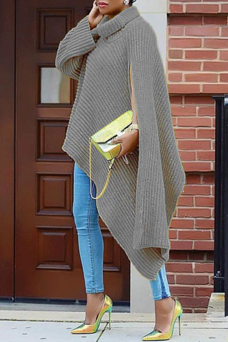 Grey Fashion Casual Solid Slit Turtleneck Tops