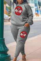 Light Gray Fashion Casual Print Basic Hooded Collar Long Sleeve Two Pieces