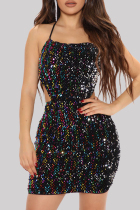 Colour Fashion Sexy Patchwork Bandage Sequins Backless Spaghetti Strap Sleeveless Dress Dresses