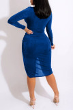 Blue Sexy Solid Patchwork Draw String Fold V Neck Irregular Dress Dresses
