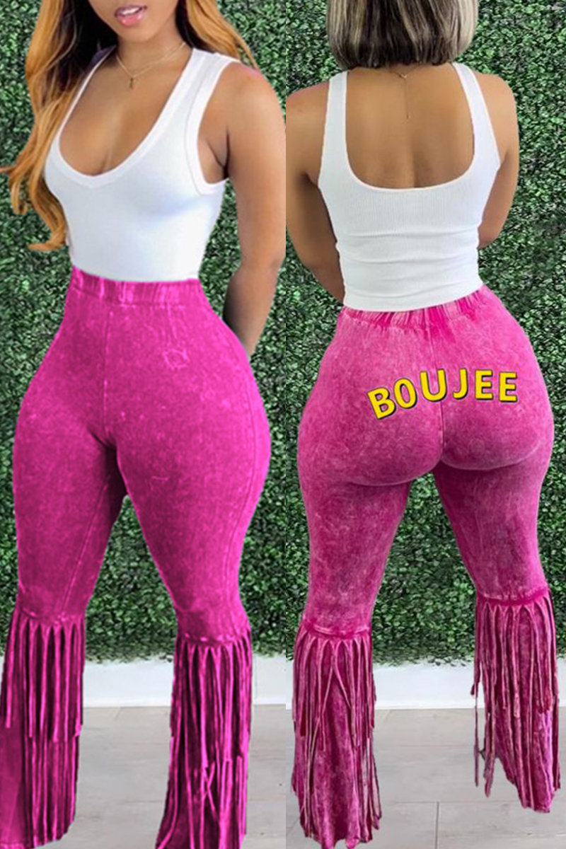 

Fuchsia Fashion Casual Letter Print Tassel Regular High Waist Trousers