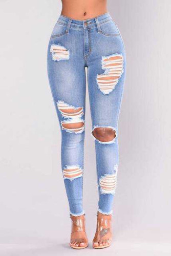 Light Blue Fashion Casual Slim Senim Trousers